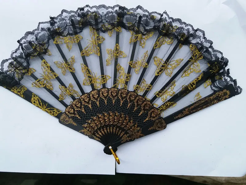 Chinese Style Butterfly Lace Plastic Handheld Folding Fans for Girls Women Out Hand Folding Fans Outdoor Wedding Party Favor Black