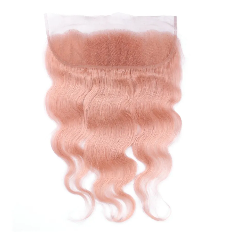 Fasci di capelli umani in oro rosa con chiusura frontale in pizzo Trame di capelli ondulati rosa con chiusura frontale in pizzo Tesse di capelli umani rosa