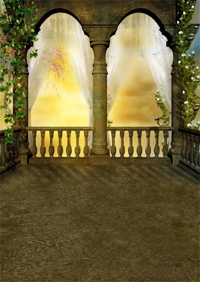 レトロな城のアーチピラーファンタジー写真背景白いカーテン春の風景緑の葉茶色のフェンスロマンチックな結婚式の背景