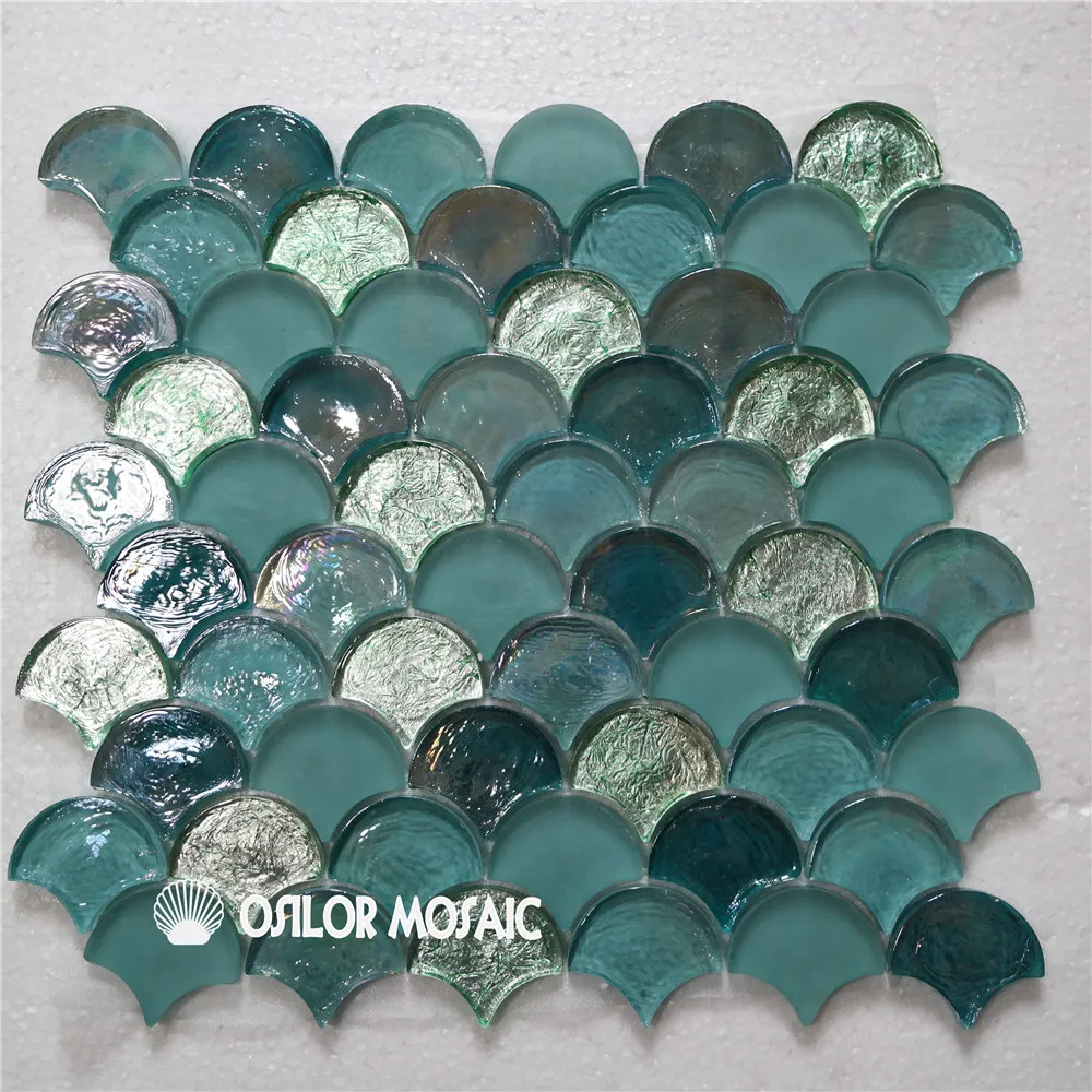 Fan Shaped Blue And Green Glass Mosaic Tile For Interior House
