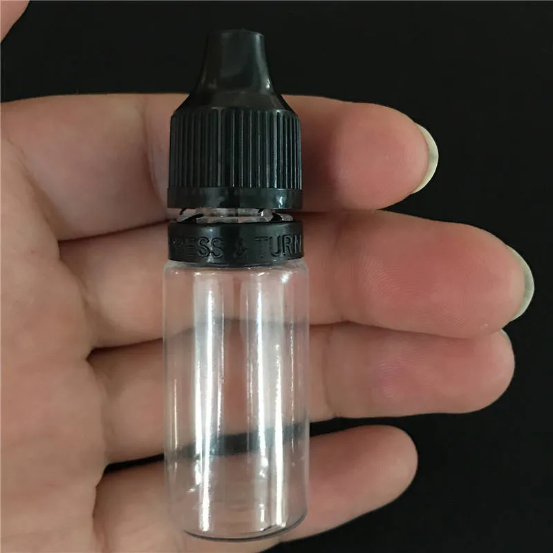 PRESS TURN Caps Botella de embalaje de 10 ml Botella de punta de aguja cuentagotas de plástico transparente PET con prueba de manipulación a prueba de niños para almacenamiento de paquetes de líquidos Ejuice E Vapor