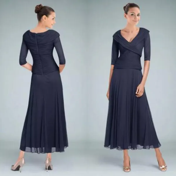 Real Image Dark Navy Custom Colors Tea Längd Mor av bruden Klänningar med Ärm V Neck Ruched Modest Groom Bröllop Gästklänning