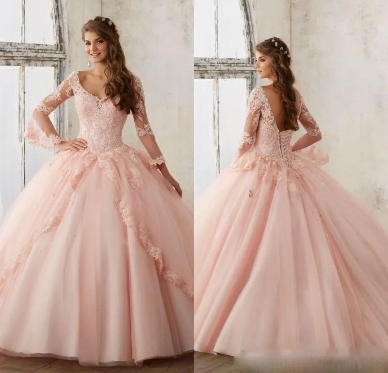 Vestidos de quinceanera azul rosa bebê 2017 renda de manga longa vneck misfarde vestidos de bola doce 16 vestido de concurso de princesa para meninas 4310287