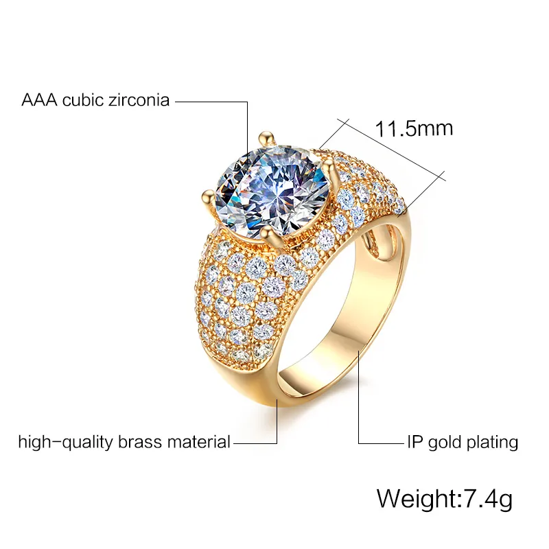 Vintage Simulated Diamond Rings For Women Wedding Jewelry Gold Plated Big Round Finger Ring Wholesales RT-017