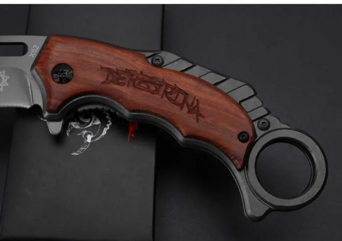 Gümüş YENİ Karambit X62 katlanır bıçak 5cr15MOV bıçak çelik + ahşap sap 57HRC gri titanyum yüzey siyah hediye kutusu ambalaj pençesi EDC araçları