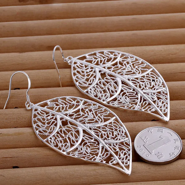 Brand new Hanging leaves sterling silver plate earring fit women plated wedding 925 silver charms earrings EE128222G