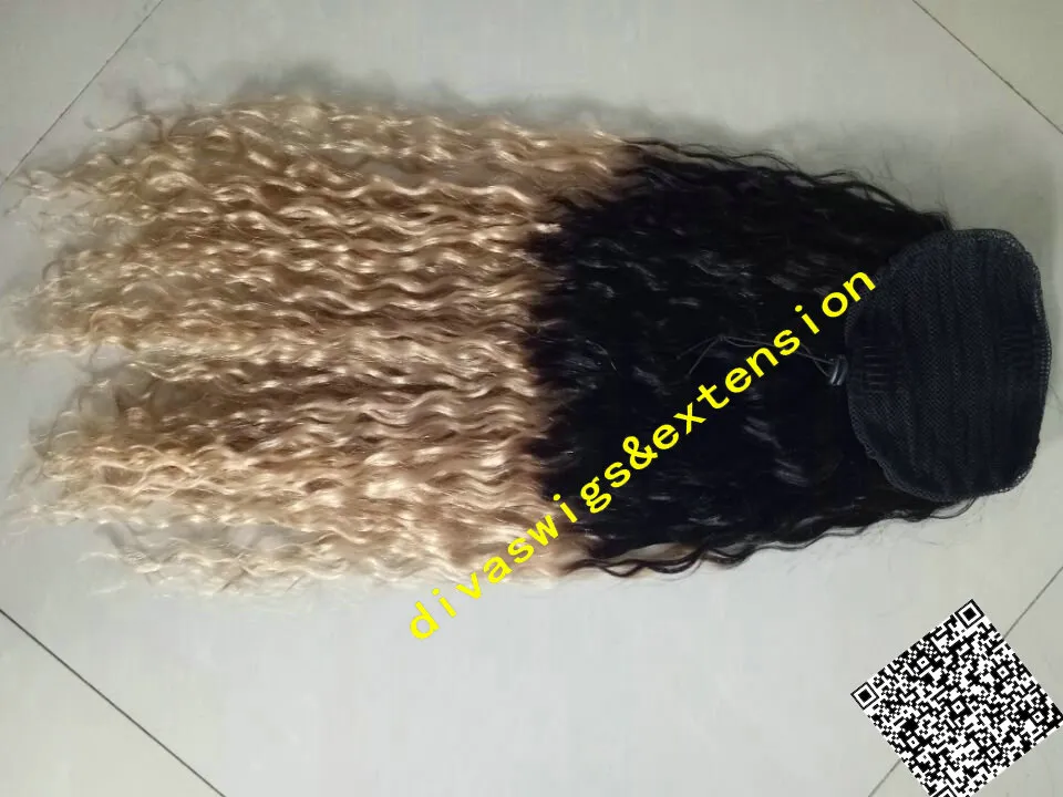 Hot New Dark Roots Ombre Blonde 1B / 27 Dziewiczy Brazylijski Głębokie Kręcone Ludzkie Włosy Ombre Ponytail Clip w blond rozszerzenia włosów 20inch 140g