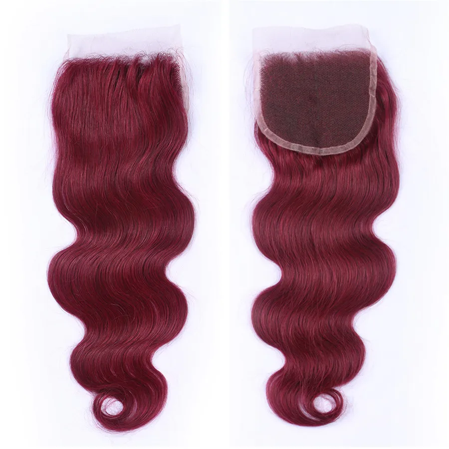 Capelli peruviani di grado 8A 99j con chiusura in pizzo 4 * 4 Onda del corpo bordeaux con chiusura Fasci di capelli umani rosso vino con chiusura Peso 340G