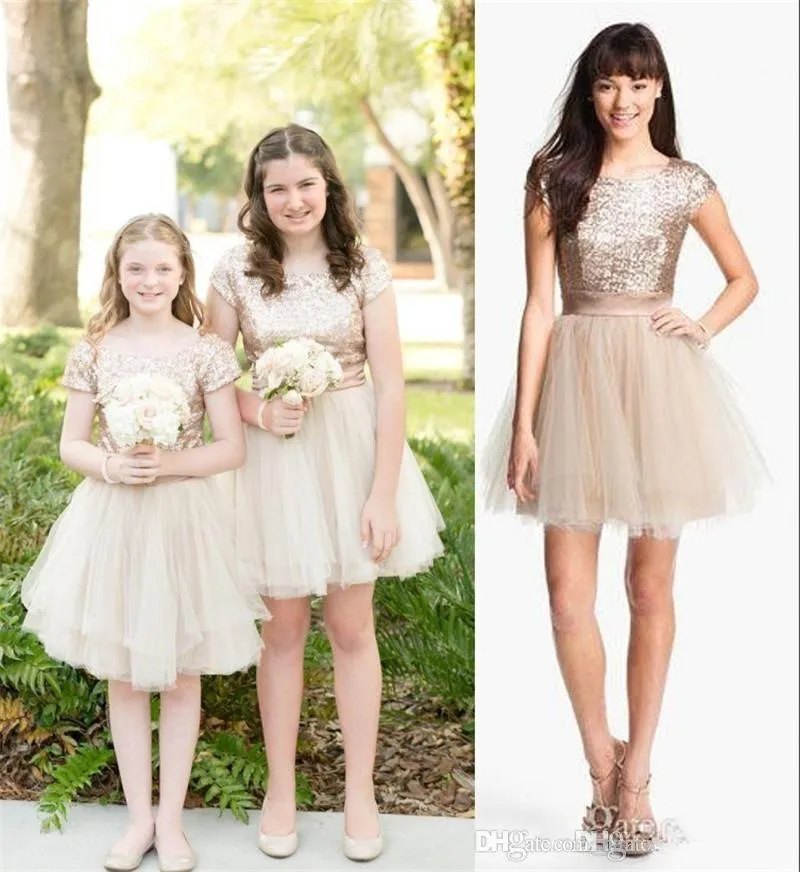 Robes de demoiselle d'honneur junior champagne haut à paillettes robe de demoiselle d'honneur de mariage courte jupe tutu en tulle robe de soirée pour fille de fleur junior 282q