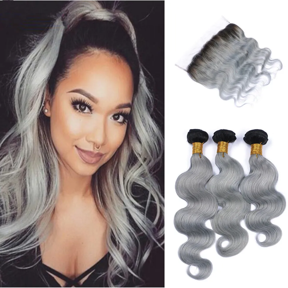 Virgin Peruvian 1B Grey Two Tone Body Wave Human Hair Weaves With 13*4 Full Lace Frontal Closure Silver Gray 1b Ombre Hair Bundles