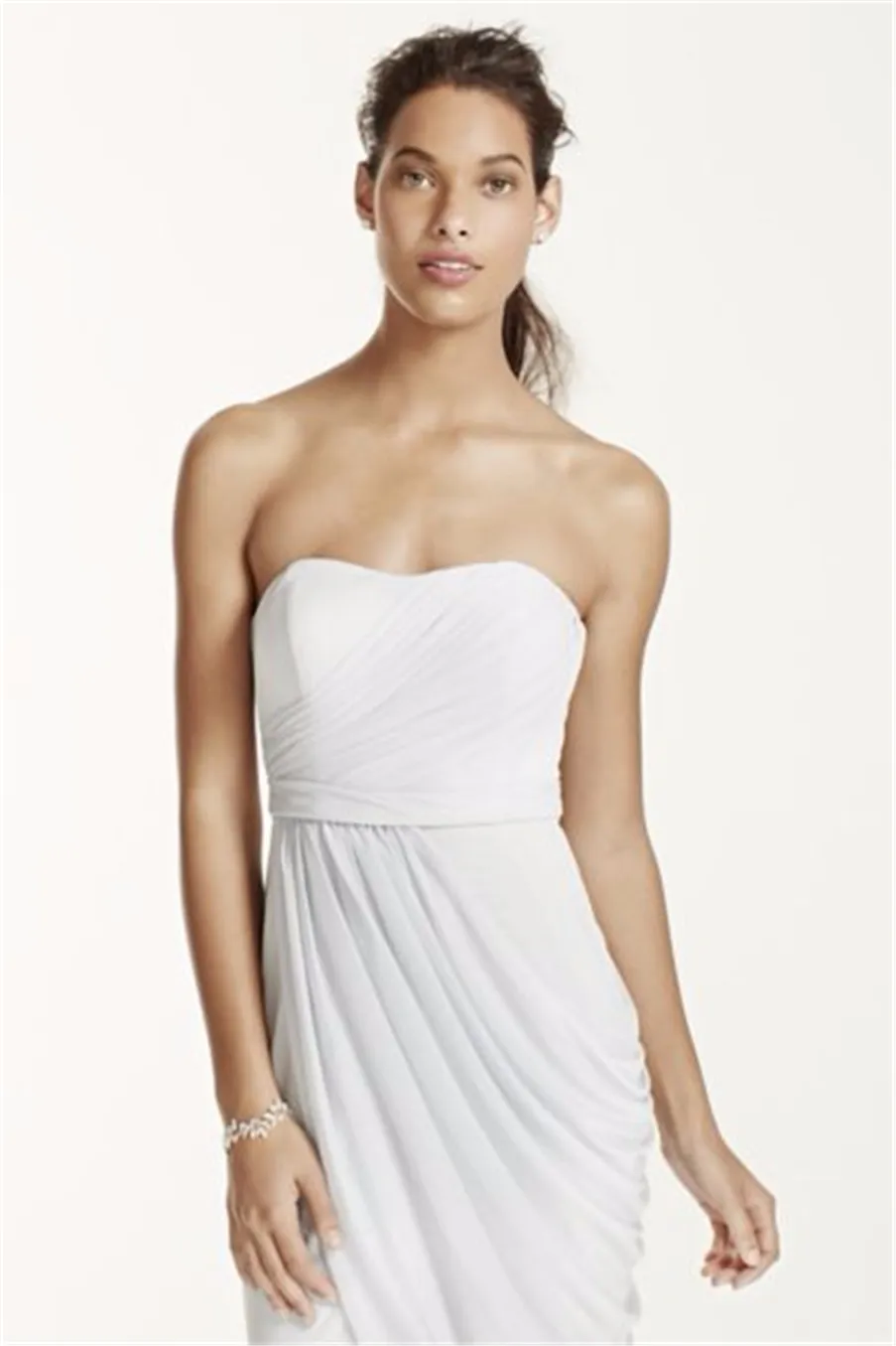 Lange strapless pick-up chiffon bruidsmeisje jurken met kant draping w10482 bruiloft feestjurk avondjurk formele jurken