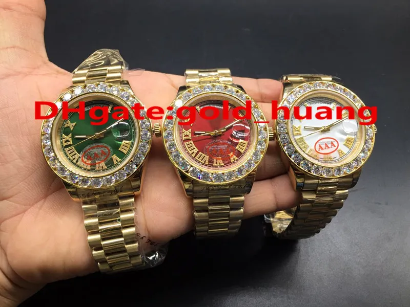 高級43mmゴールドビッグダイヤモンドメカニカルマン腕時計（赤、緑、ホワイト、ブルー、ゴールド）ダイヤル高品質自動ステンレススチールメンズウォッチ（箱付き）