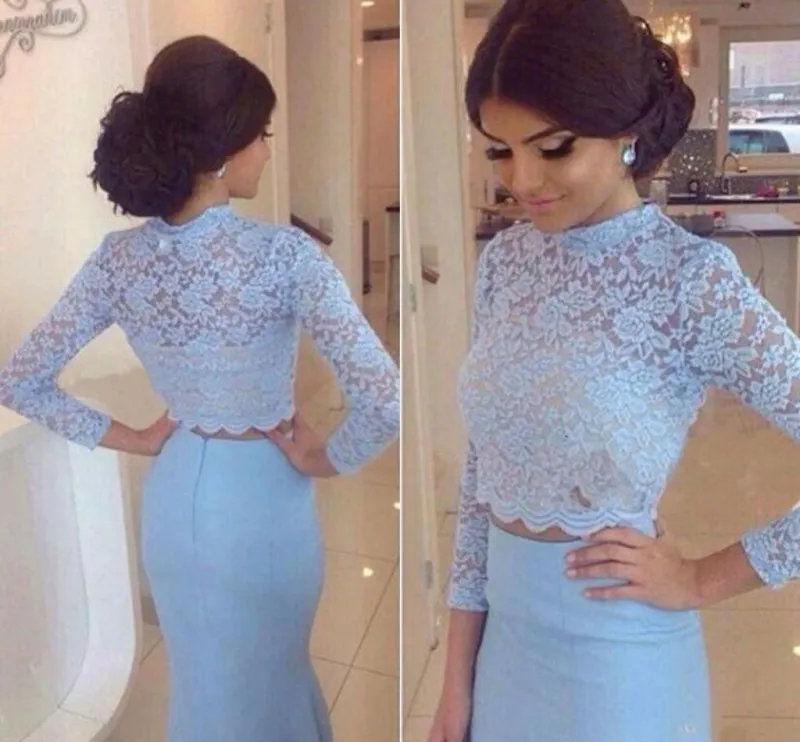 Light Blue Lace Two Pieces Evening Gowns 2017 High Neck Long Sleeve Mermaid Prom Dresses Floor Length Arabic Formal Party Dress