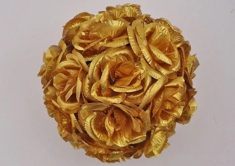 Złoty kolor Sztuczny szyfrowanie Róża Jedwab Kwiat Kissing Kulki Wiszące Ball Boże Narodzenie Ozdoby Urodzinowe Wesele Dekoracje Dekoracje