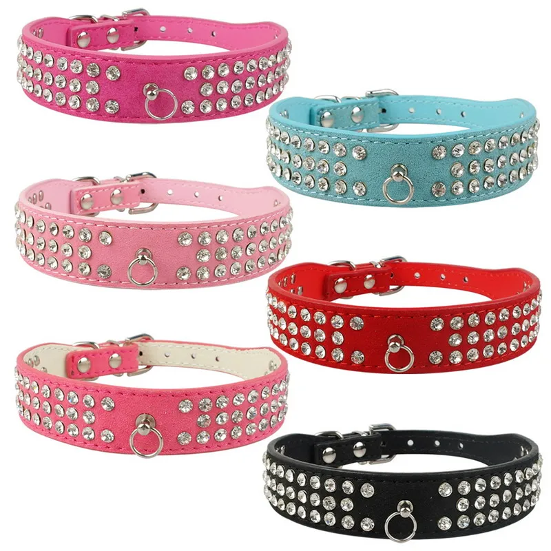 (6 Colors Mixed) Brand New suede Leather Dog Collars 3 Rows Rhinestone Dog collar diamond Cute Pet Collars 100% Quality 4 Sizes