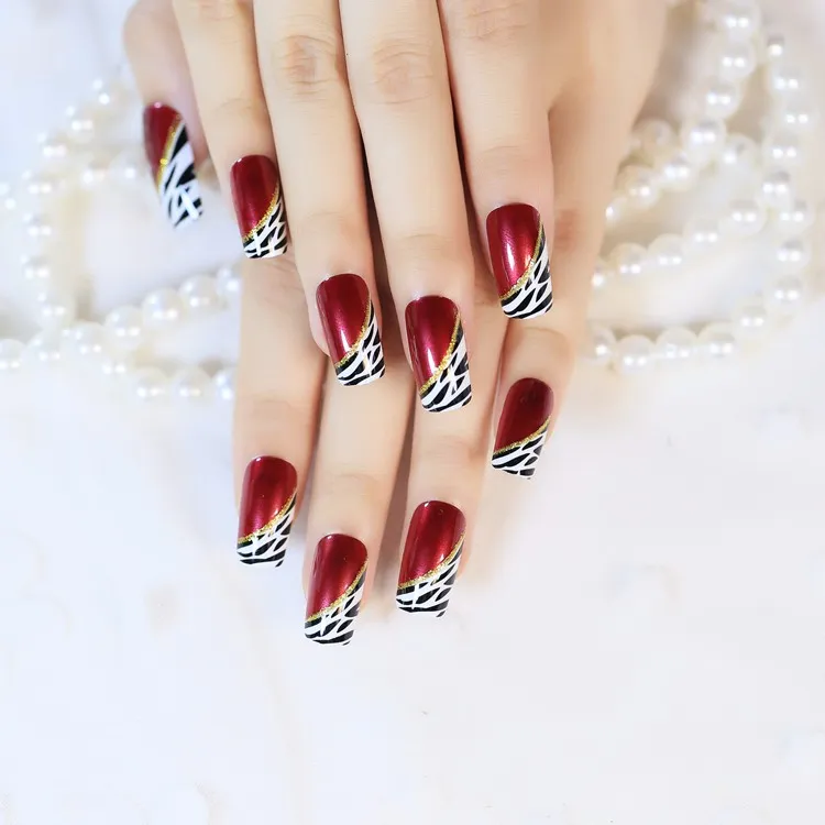 24 Piezas Postizas Uñas De Color Rojo Vino Oblicua Leopardo Francesa  Ellipse Uñas Artificiales En El Parche Para La Oficina Del Partido De 7,22  € | DHgate