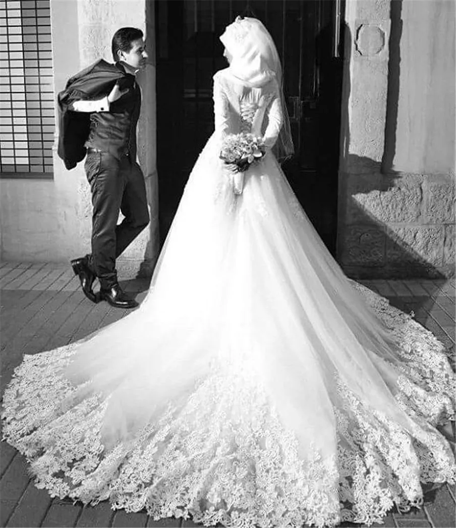 Длинный рукав мусульманское белое свадебное платье с аппликациями kerchief Elegant Arabic A-Line Bridal Plass