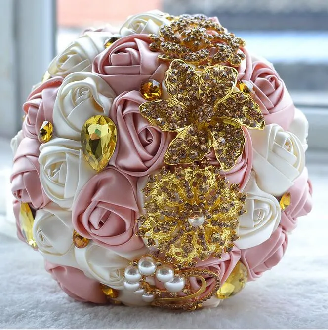 Goldbroschen Hochzeitsstrauß mit Kristallperlen Bouquet De Mariage 2017 Flores De La Boda Ramos De Novia Brautstrauß