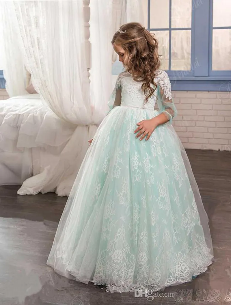 2017 Romantique Vert Menthe Fleur Fille Robe pour Mariages Tulle avec Dentelle Dos Ouvert Robe De Bal première communion robes de reconstitution historique pour les filles