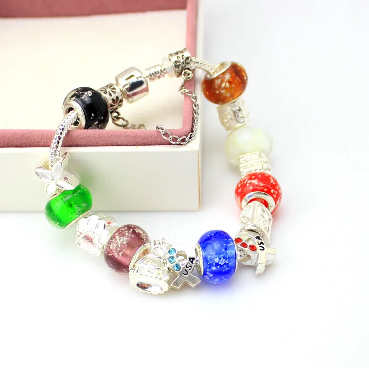 Perle di vetro arcobaleno Perle di cristallo Perle in argento placcato Chamilia Bracciali donna Glow in The Dark