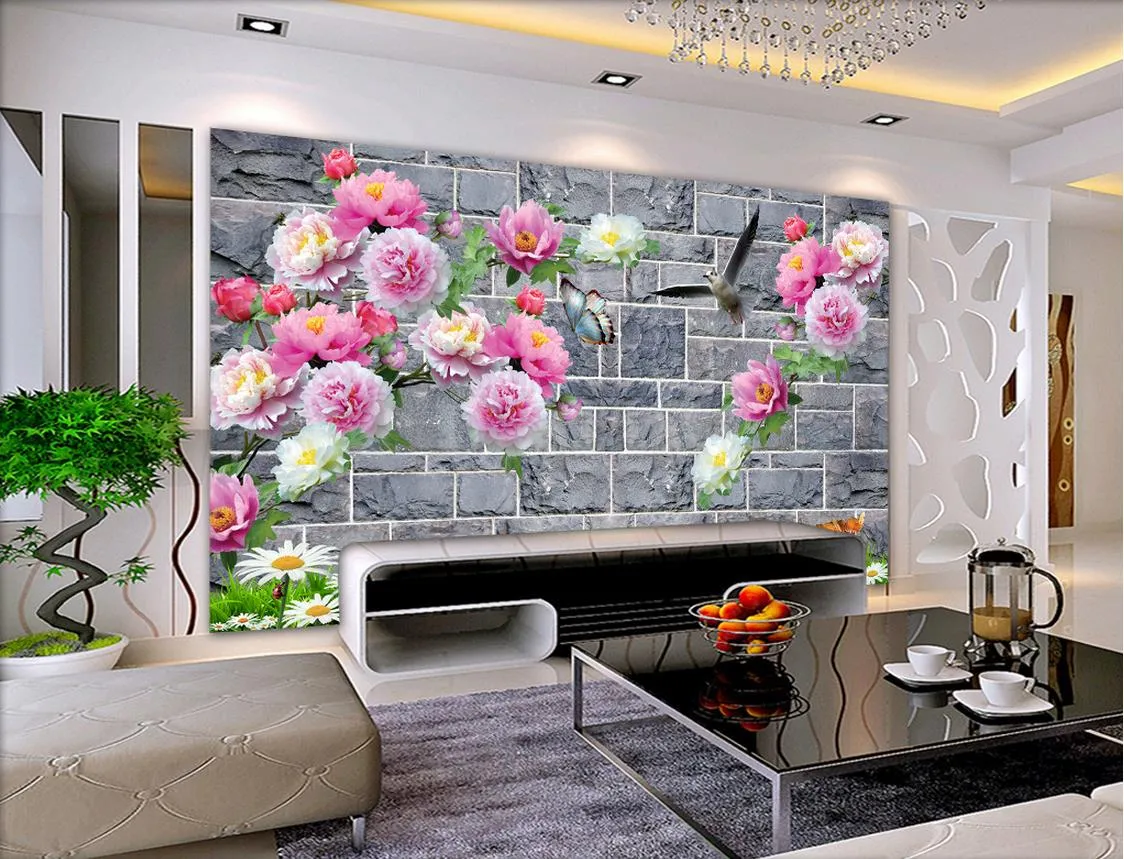 Peony Grid Wall TV Wall Decorative Painting muurschildering 3d behang 3d behang voor tv achtergrond