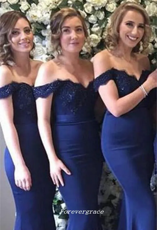 Elegant marinblå brudtärna klänning av axlarna spets applikationer piga av ära klänning bröllop gästklänning skräddarsydda plus storlek
