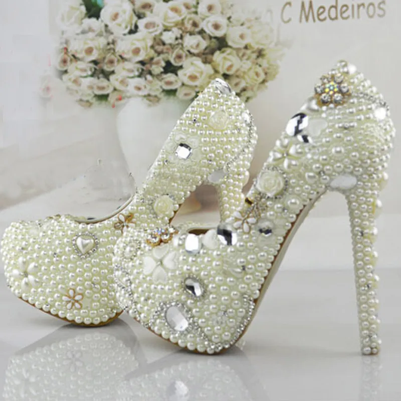 Unique White Pearl Wedding Shoes Women Pumps High Heels Crystal Bridal Prom Party Shoes Gorgeous Wedding Party Prom Shoes