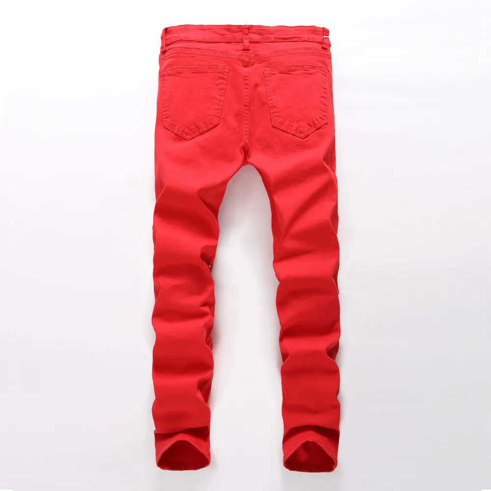 Tout nouveau jean déchiré pour homme, rouge, noir, blanc, fermeture éclair, hip hop, punk rock, jean de motard en détresse, pantalon en denim élastique, p3384