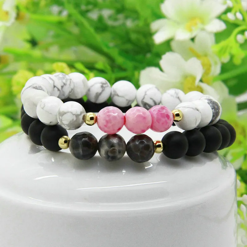 New Designs Couples Jewelry Wholesale 5set/lot 8mm Matte Agate And White Howlit Pink Stone Distance Lovers Bracelets