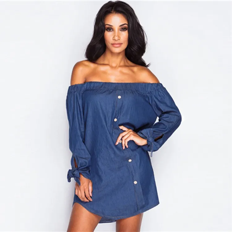 Denim Off the épaule robe robe femme sexy bowknot bouton jean jeans mini robe barard bardot robe de vacances décontractée 9697810