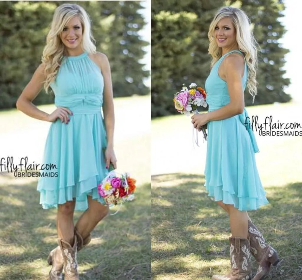 Country Short Bridesmaid Dresses Mint Halter Neck Chiffon High Low Ruched Summer Boho Backless Wedding Guest Party Maid Of Honor Dresses