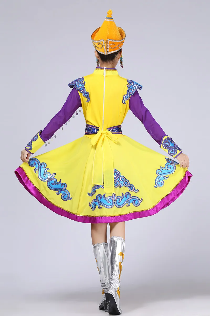 Recién llegado, vestido de oro violeta, vestido étnico, ropa de baile mongol, ropa de escenario mongol para mujer, traje de baile folclórico chino