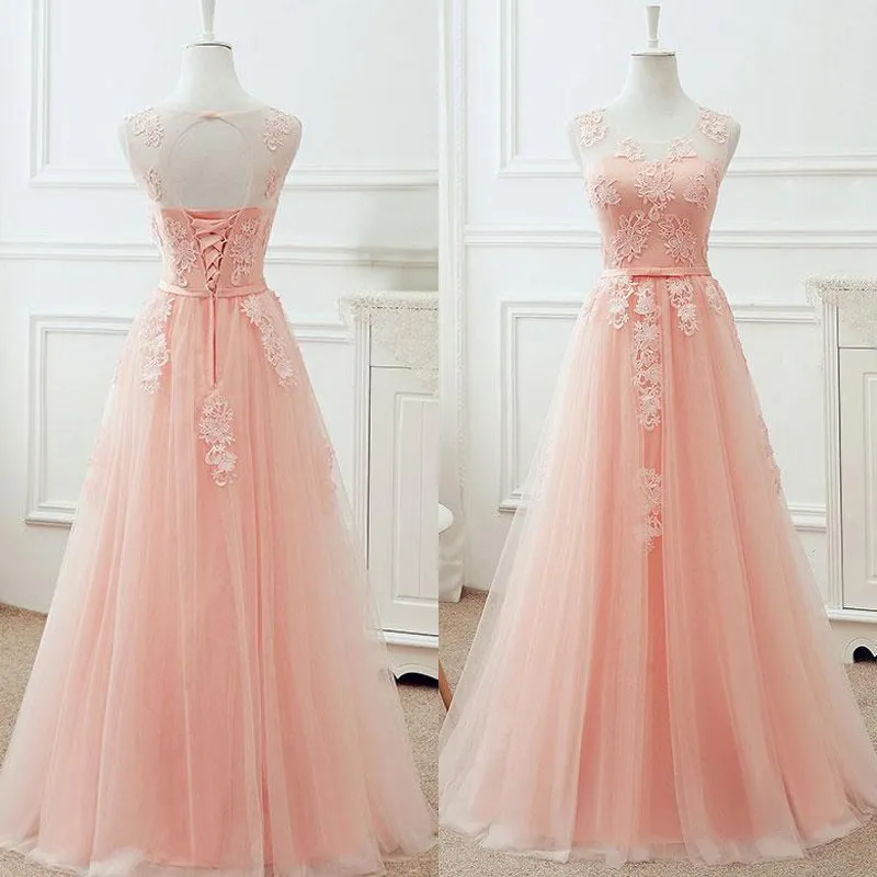 Gorgeous Blush Różowy Prom Sukienka Linia Sheer Neck Bez Rękawów Koronki Aplikacje Corset Prom Dresses Lace-up Otwórz tył Tanie wieczorowe suknia