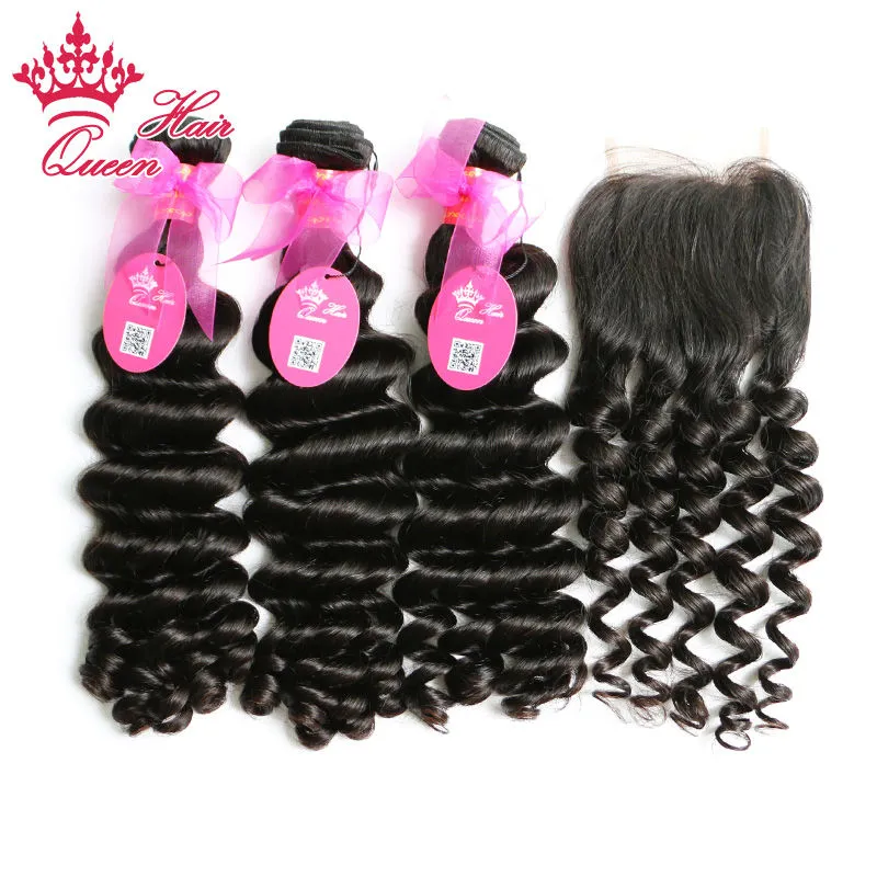 Queen Hair More Wave 1pc Lace Closure With 3Pcs Bundle,4pcs/lot Brazilian Virgin Human Hair Extensions 10"-28" DHL Shipping