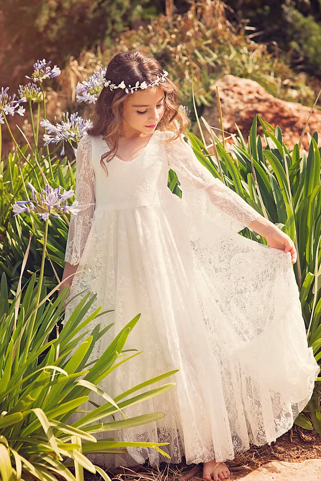 Bohemian Flower Girls Dresses with Long Sleeves and V Neck Ankle Length Fully Lace First Communion Dress for Little Girls Boho