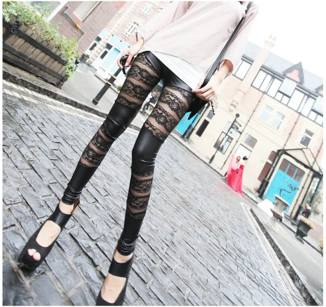 European fashion new design women's sexy bodyon lace gauze patchwork perspective PU leather tunic pants leggings plus size LXL