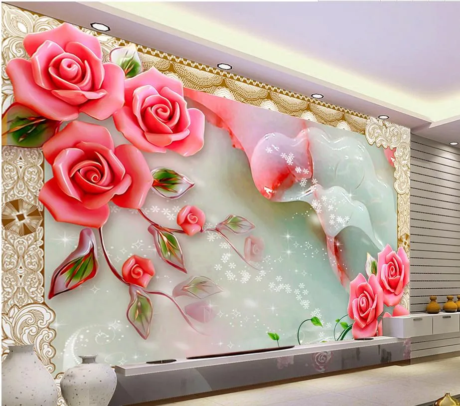 33d Jade sculpté des vignes de rose tv décoration peinture murale 3d papier peint 3d papiers muraux pour le fond télévisé3050317