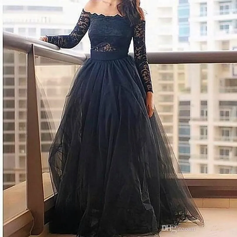 Charming Black Lace Prom Dresses 2019 Party Gowns Formal Evening Dresses A-Line Black Party Dress Off Shoulder Long Sleeve Tutu Tulle Skirt