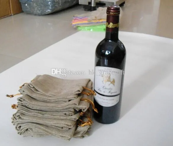 Sacs rouges à cordon de serrage en lin 16*36cm, emballage de bouteille de vin, pochettes en jute, logo personnalisé.