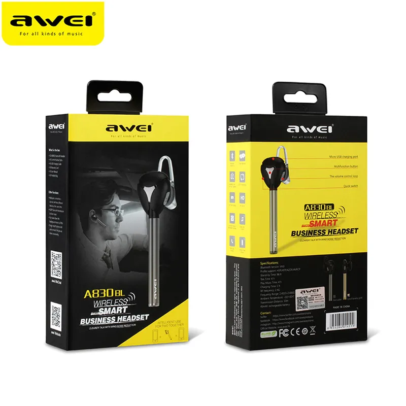 Original Awei A830BL Trådlös Bluetooth 4.1 Headset Hörlurar Sport Hörlurar Buller Avbryter med mikrofon för iPhone Samsung Smart Phone