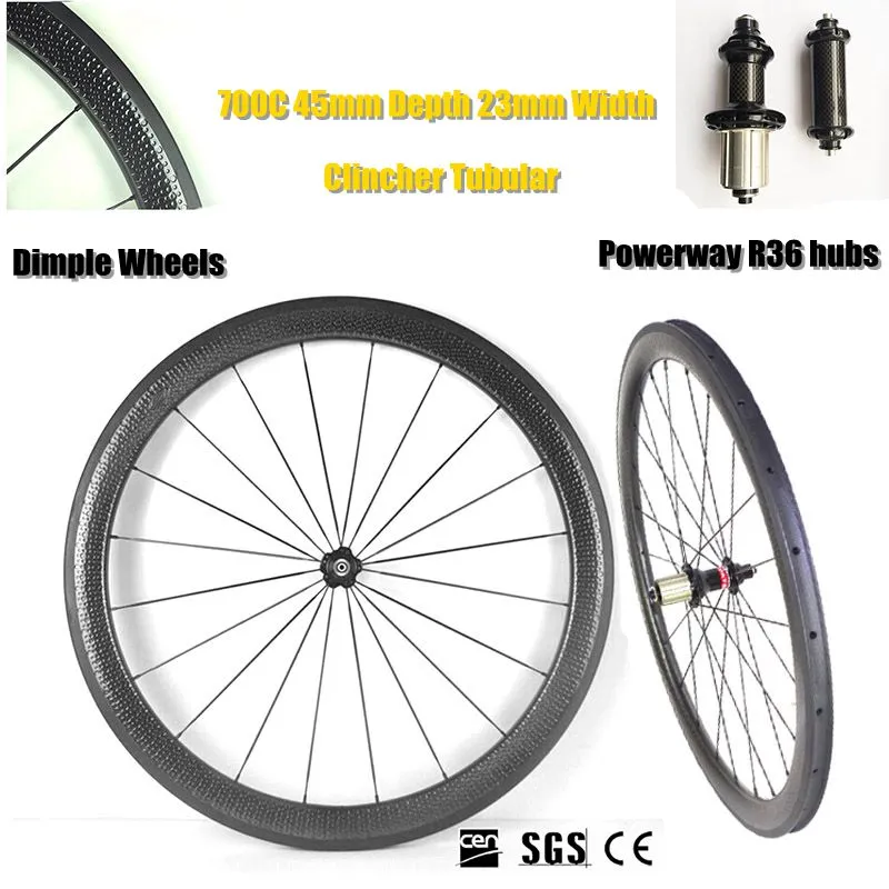 Dimple Golf yta 700C 45mm Clincher Tubular Carbon Fiber Road Bike Wheels Carby Cykel Wheelset med Powerway R36 nav