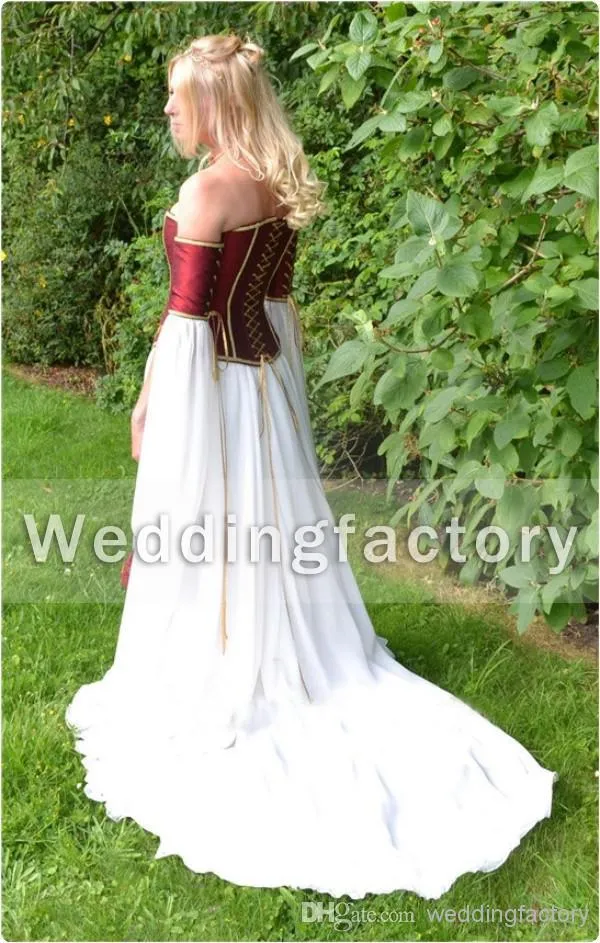 Abiti da sposa medievali Borgogna Rosso scuro e bianco Una linea senza spalline Corsetto Bustier in chiffon Abiti da sposa vintage Abiti da cerimonia vintage lunghi