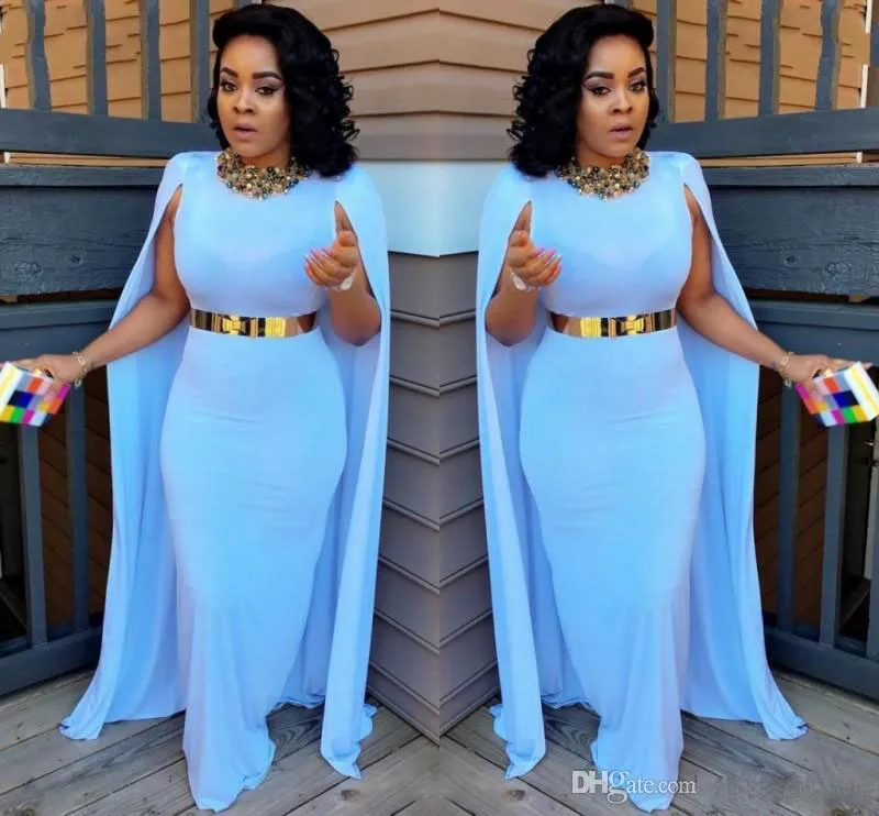 Light Blue Plus Size Cape Style Evening Dresses 2017 Sheath Floor Length Evening Gowns Aso Ebi South African Women Formal Party Dr5792212