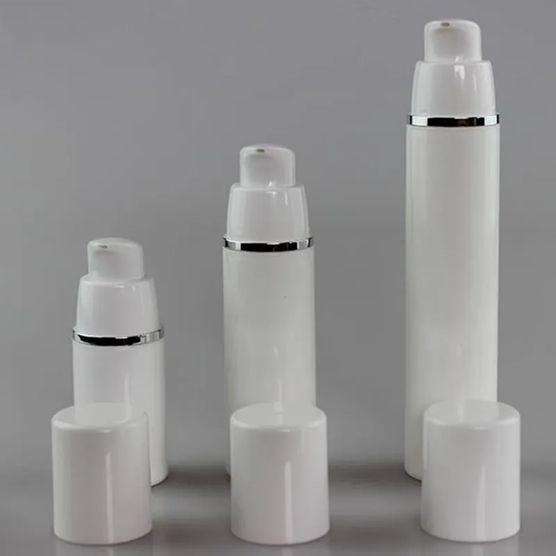 15 ml 30 ml 50 ml pure witte cilindrische zilveren rand cosmetische verpakking containers plastic emulsie airless pomp fles F2017492