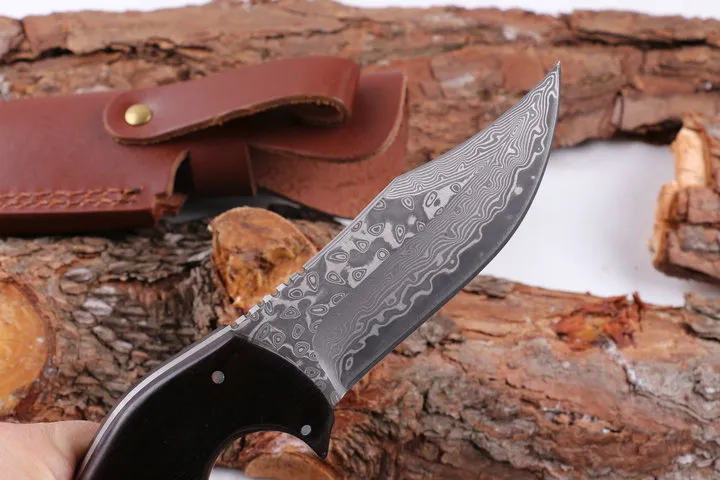 Top Quality Damascus Steel Survival Straight Hunting Knife 58HRC Rosewood&Ebony Handle Fixed Blade Knives with Leather Sheath