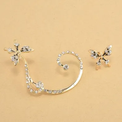 Boucles d'oreilles à breloques manchettes d'oreille Punk cristal plaqué argent strass papillon oreille os Clips boucles d'oreilles gothiques