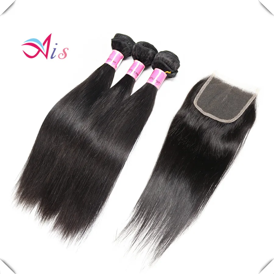 Ранг 7A прямые бразильские волосы 3 пачки соткет и 1PC 4 * 4 средние выдвижения человеческих волос цвета 1b AiS закрытия волос шнурка части