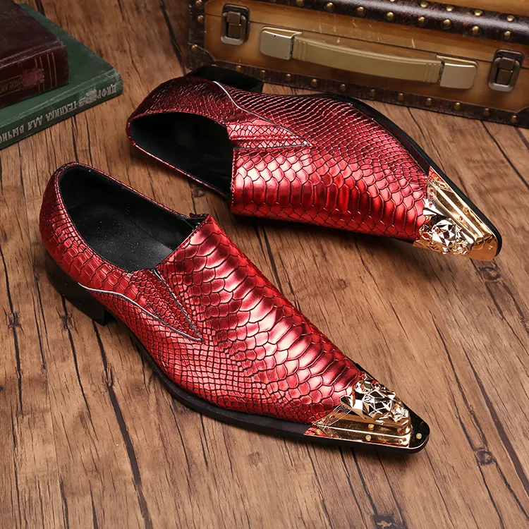 Italian Leather Mens Dress Shoes Vintage Metal Pointed Toe Chaussure Homme Luxury Male Formal Party Flats Shoes Big Size 38-46