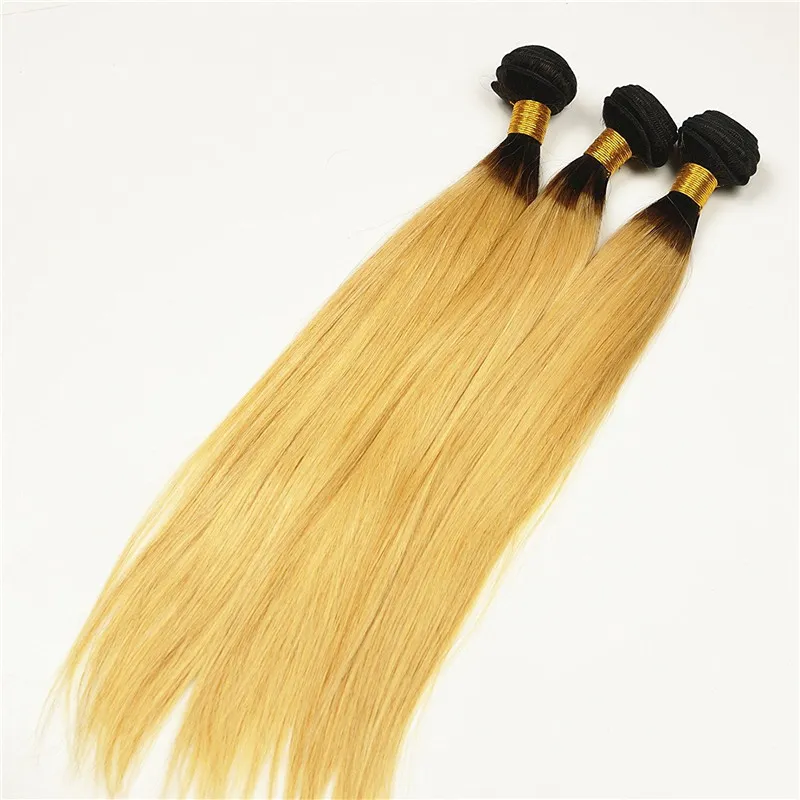 1B 27 Miod Blond Ombre Peruvian Virgin Hair z koronkowym zamknięciem 3 Bundle Prosty do włosów z ciemnymi korzeniami brązowa blond koronka 5041063