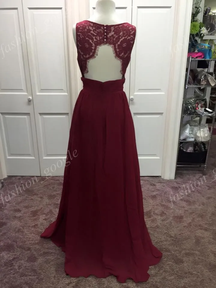 chinese dress ladies Inexpensive Long Sleeve Burgundy V-Neck Lace Opren-Back Bridesmaid Dre –  Dairy Bridal main image 0